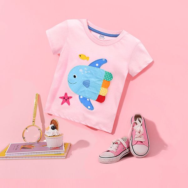 Roupas de verão para meninas, camiseta infantil rosa, manga curta, desenho animado, camiseta para bebês, roupas infantis, algodão, meninas, tops