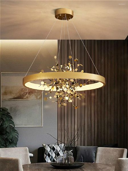 Lustres pendentes Lustres de luxo em aço inoxidável para sala de jantar Lustre nórdico com design único de círculo Luzes de lâmpada suspensas de cristal redondo