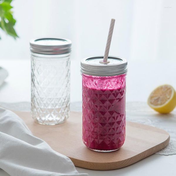 Tassen 1 stücke Diamantförmige Strohbecher Personalisierte Glas Mason Flasche Kreative Saft Tasse Marmelade Salat Bedeckt Milch Tee