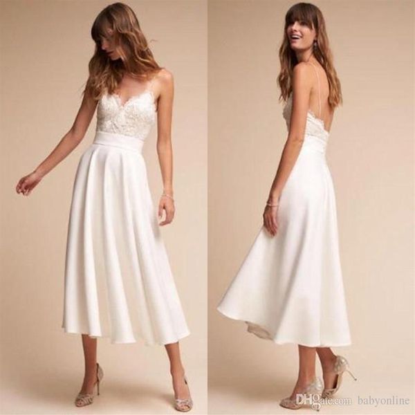 Vestidos de Noiva Branco Simples Comprimento do Chá Uma Linha Alças Espaguete Apliques de Renda Top Verão Praia Boho Vestidos de Noiva Robe de mariee271P