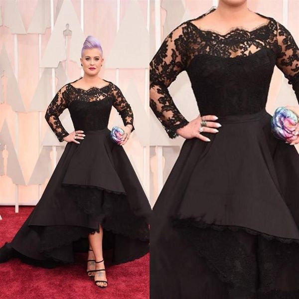 Alto Baixo Tamanho Plus Size Vestidos Formais Renda Pura Bateau Manga Comprida Oscar Kelly Osbourne Vestidos de Noite Baile Preto Mãe da Noiva 3060