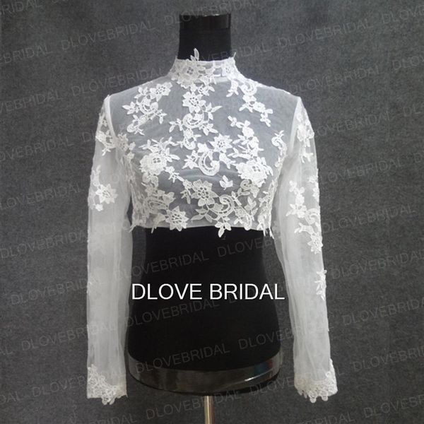 Giacca da sposa a maniche lunghe con collo alto Real Po Abito da cerimonia nuziale in tulle con applicazioni di pizzo Coprispalle trasparenti Bolero con bottoni ricoperti Cu333p