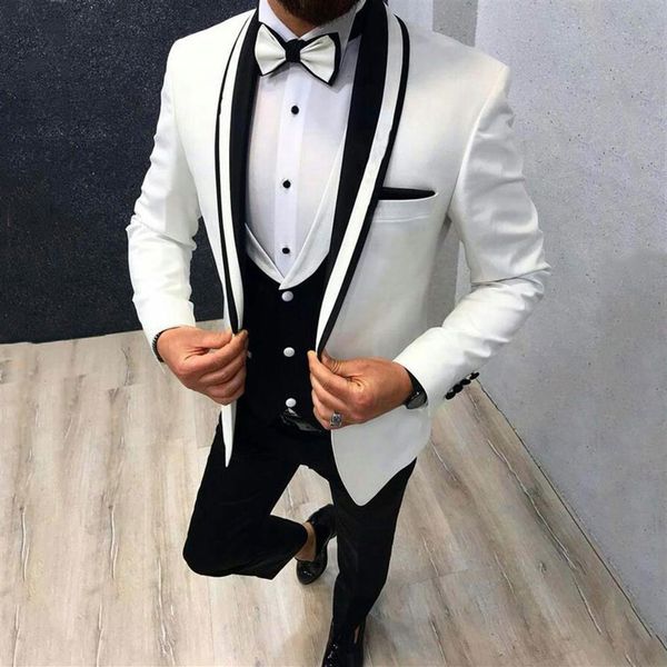 Ternos brancos personalizados para casamento, smoking, vestido de noivo, xale preto, lapela, roupa de padrinhos, blazer masculino, 3 peças, traje de homem Ho332R
