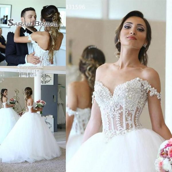 2020 Off spalla bianco una linea abito da sposa in rilievo sexy abito da sera in pizzo abito formale boutique da sposa vedere attraverso l'abito di sfera245t