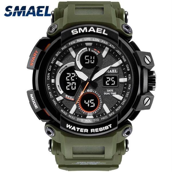 Smael Sport Watch для мужчин Новые двойные времена показывают мужские часы водонепроницаемые амортизационные амортизационные наручные часы Digital 1708 военные часы Men476