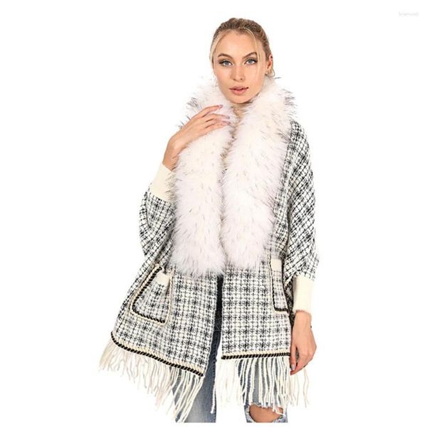 Cachecóis Feminino Mink Cashmere Feel Xaile Lady Luxo Manga Longa Envoltório Outono Inverno Vintage Gola de Pele Sintética Manto Xadrez Sobretudo Quente