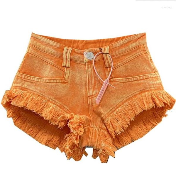 Short jeans feminino com borla laranja Calça evasê feminina de verão cintura alta com franjas