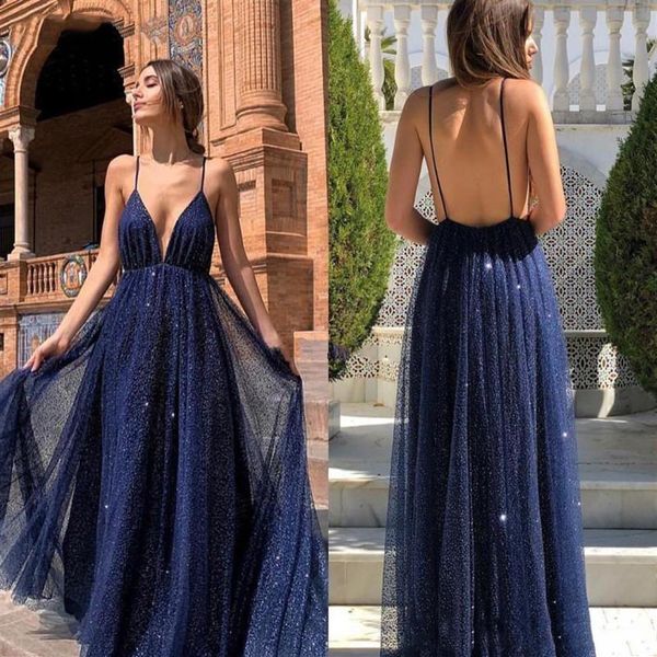 2021 Arabo Dubai Sparkly Sexy Navy Blue A-Line Prom Dresses Profondo scollo a V Backless Paillettes Abiti da sera formale Abiti da festa ogstuff robe 256O