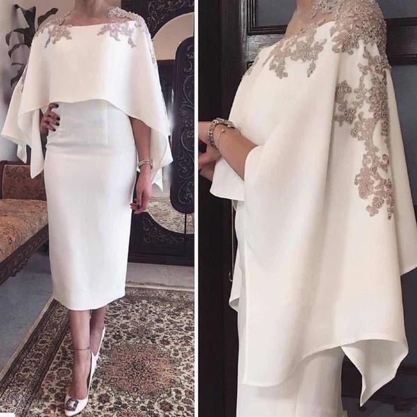 Novos vestidos de coquetel de cetim branco com apliques envolventes bainha de comprimento de chá estilo Dubai vestidos formais de boas-vindas feitos sob medida festa gow251v