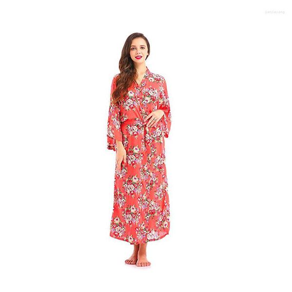 Indumenti da notte da donna Stampa floreale Kimono Abito lungo Cotone Regalo per la sposa Abito da damigella d'onore alla caviglia Abito di seta Vestaglia