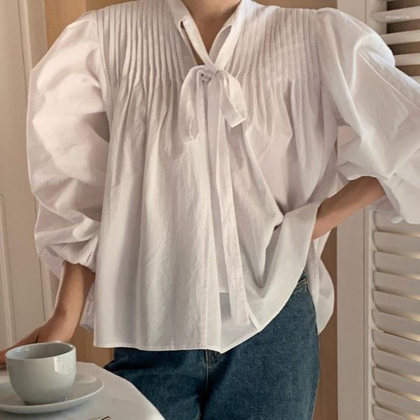 Kadın bluzları Fransız mizaç standı yaka dantel -Up yay kadın bluz pileli gevşek all -maç puflu kol gömleği kadın 2023 Koreli şık