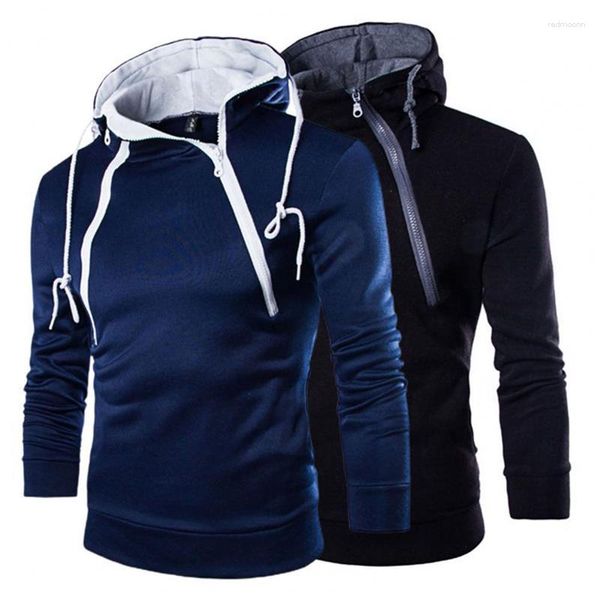 Felpe con cappuccio da uomo Felpe con collo alto alla moda per uomo Pullover a maniche lunghe Top Giacca casual Cappotto con coulisse a doppia cerniera tinta unita maschile