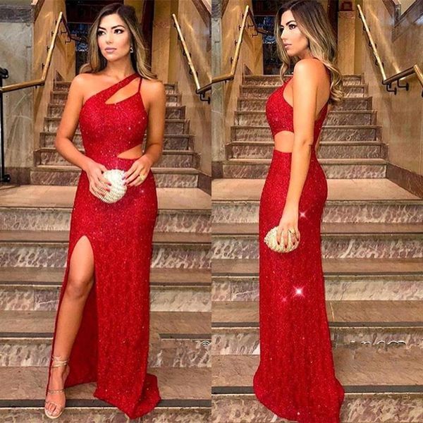 2019 Vermelho Um Ombro Lantejoulas Sereia Vestidos de Noite Longos Corte Dividido Trem Varrer Vestidos de Festa Formais BC16632222