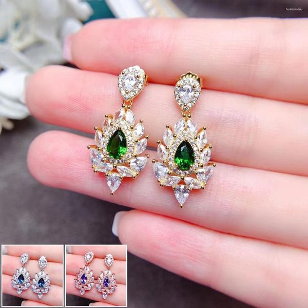 Brincos pendentes MeiBaPJ Natural Granny Green Diopsside/Topaz/Tazanite Gemstone Drop Flower Real 925 Silver Fine Charm Jewelry For Women