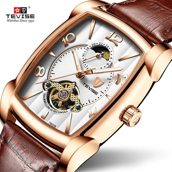 TEVISE Fashion Mens Watches Moon phase Tourbillon Orologio meccanico da uomo in pelle Sport Orologio da polso Orologio maschile Relogio Masculino255q