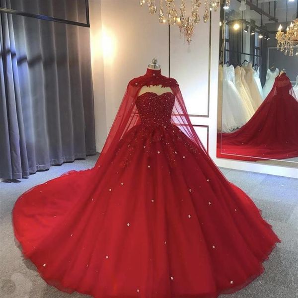 Principessa rosso blu royal nero abito da ballo abiti quinceanera con involucri perline cristalli tulle sweep treno cappuccio abito formale sera 254T