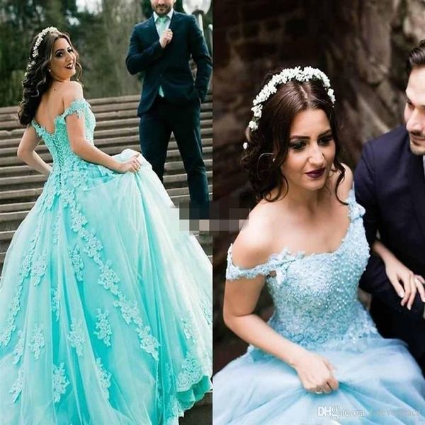 2019 Mint Saudi Africa Quinceanera Dress Princess Puffy Applique in pizzo Dolce 16 anni Long Girls Prom Party Pageant Gown Plus Size C283h
