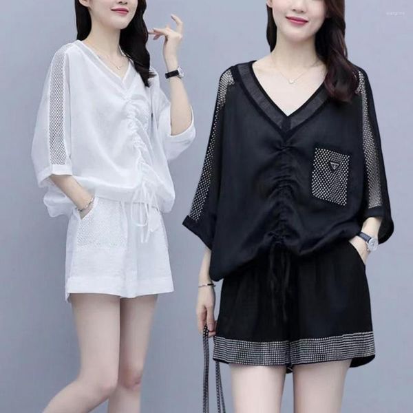 Kadınların Trailtsits M-4XL 2pcs Kadınlar En İyi Şort Seti V Boyun Çizilmiş Çekme Üç Çeyrek Kollu Bluzlar Sıradan Elastik Bel Mini Setleri