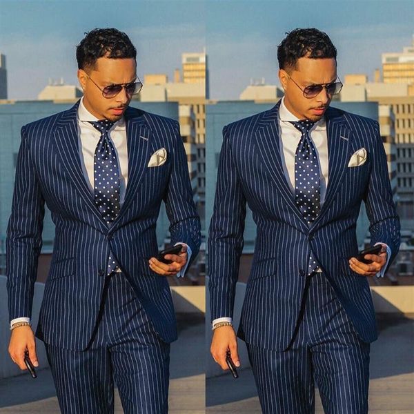 Clássico Azul Marinho Riscas Giz Casamento Smoking Terno Masculino Duas Peças Formal Negócios Jaqueta Masculina Blazer Noivo Smoking323M