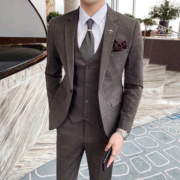Ternos masculinos (jaqueta colete calça) paletó xadrez britânico paletó fino smoking calça formal jantar/noivo vestido de noiva