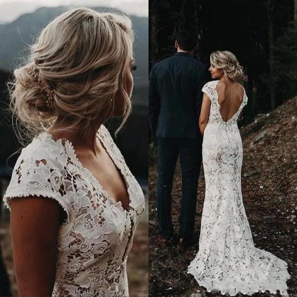 Abiti da sposa a sirena country con strascico staccabile Abiti da sposa vintage in pizzo pieno boho Abiti da sposa con scollo a V aperto sul retro Abiti corti Sleev278U