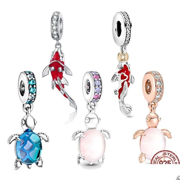 Чары 925 стерлинги Sier Fortune Carp Fish Glass Sea Turtle Dangle Beads Fit Original Bracelet Pandora