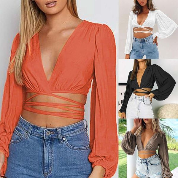 Blusas Femininas Coreana Streetwear Y2k Crop Tops Sexy Corte Decotado Profundo V Lanterna Manga Comprida Renda Up Midriff Blusa Feminina Gótica Camisas Curtas