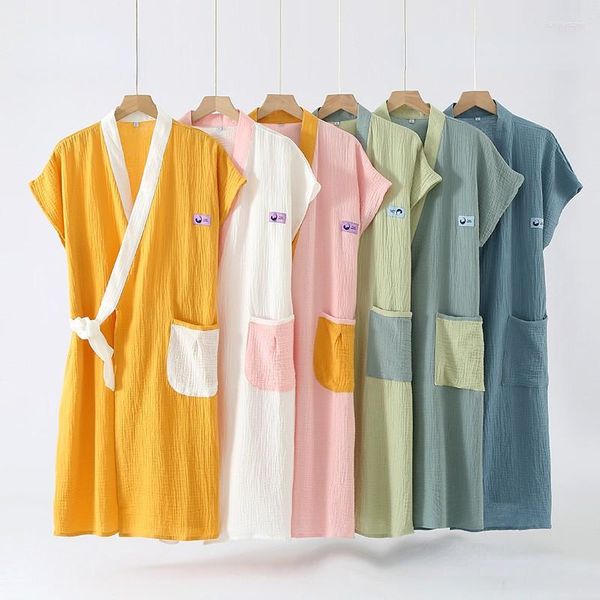 Pijama feminino Casal Crepe Gauze Roupão de banho de verão Manga curta Robes para mulheres Algodão Solto Vestido de noite casual Pijama