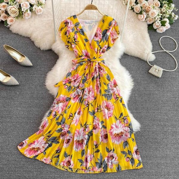 Casual Dresses Boho V-Ausschnitt Bandage Gefaltetes langes Kleid Sommer Blumendruck Tank Sommerkleid Frauen Rüschen Party Elegant Strand Tunika Vestidos