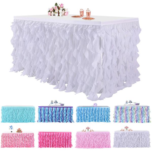 Saia de Mesa Salgueiro Encaracolado Design Tule Tutu Saias Brancas para Casamento Aniversário Chá de Bebê Decorações de Festa Rodapé 230721