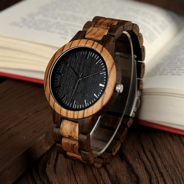 ВСЕГО- BOBO BIRD D30 Круглый винтажный Zebra Wood Case Men Men Watch с черным деревянным лицом из черного дерева с зеброй бамбуковым деревянным ремешком японский 2263