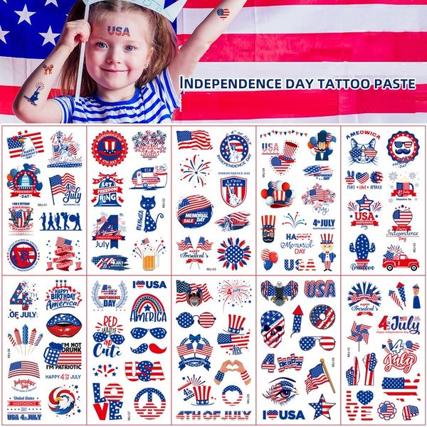 10 pçs/conjunto Bandeira americana Dia da Independência para tatuagem Adesivos para festa Temporários para tatuagem