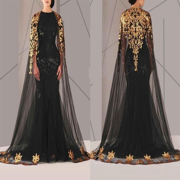 Vestidos de noite muçulmanos árabes pretos Manto de tule dourado e lantejoulas pretas decote redondo 2020 Novo traje formal sereia Vestido de baile longo 348N