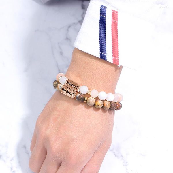 Strand Her Beast His Beauty Bracciale in pietra naturale Stretch Bangle Perline Catena per coppia Amanti Gioielli Festa Regalo di San Valentino