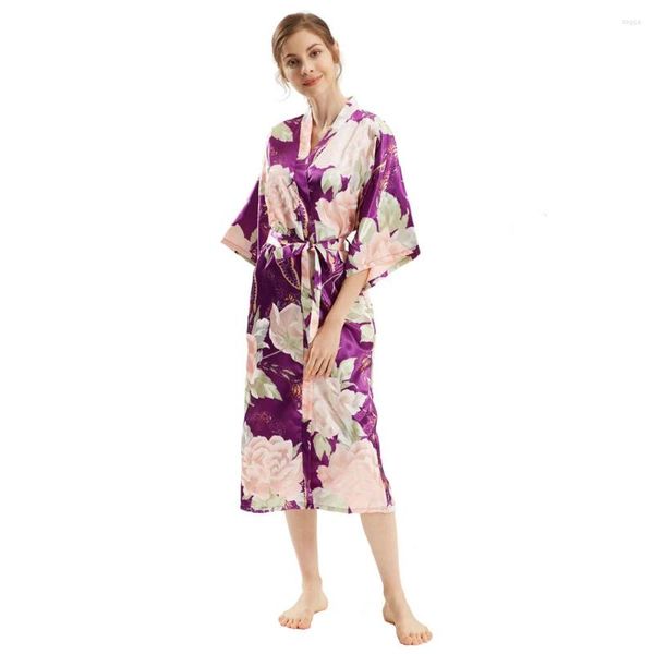 Indumenti da notte da donna Abbigliamento per la casa Kimono da donna Abiti in raso stampato con fiori viola Camicia da notte lunga sexy Abbigliamento da notte vintage