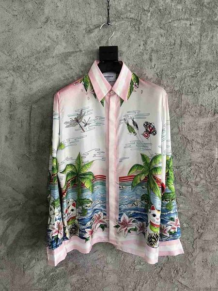 Casa Designer Moda Abbigliamento Camicie Tute Casablanca Camicia a maniche lunghe per vacanze con fiori siciliani in seta stampata gatto della fortuna