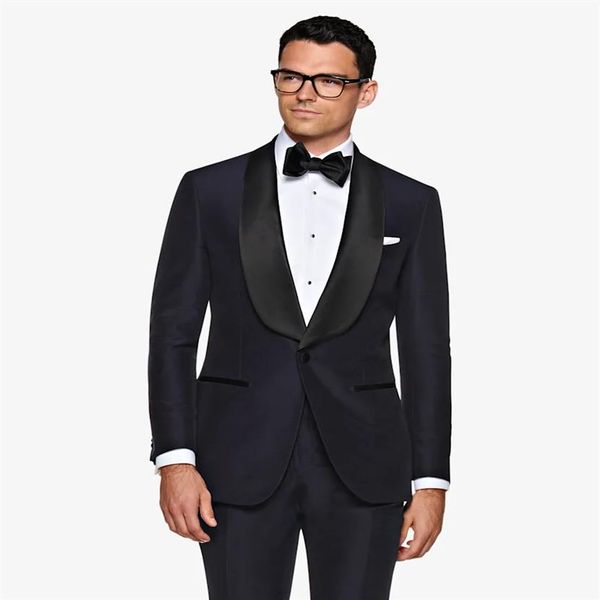 Smoking da sposo blu navy Scialle nero Risvolto da uomo Smoking da sposa Moda uomo Giacca Blazer Uomo Prom Dinner Darty SuitJacket Pants Tie254B