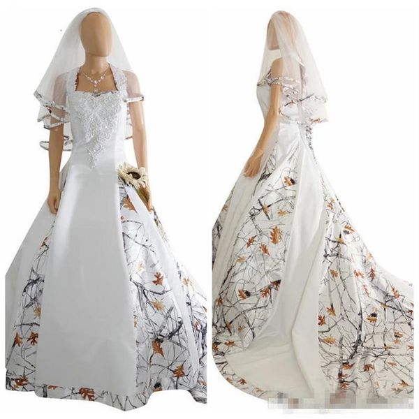 Abito da sposa in raso mimetico bianco moda Appliques in pizzo personalizzato Abiti da sposa Stringate indietro con velo Custom Long Camouflage New346W