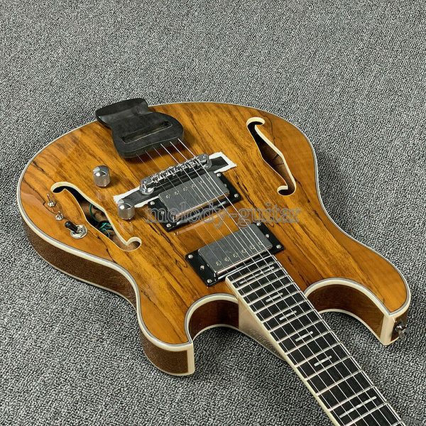 Rhxflame Languedoc G2 Semi Hollow Body Brown Bubinga Top Chitarra elettrica Cordiera in ebano intagliato Intarsio piccolo blocco Doppi fori F Hardware cromato Meccaniche Schaller