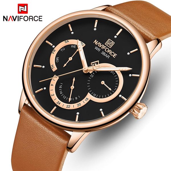 Naviforce Мужчины смотрят модные бизнес -часы для мужчин кожаные водонепроницаемые квартальные наручные часы 24 -часовые мужские часы Relogio Masculino227G