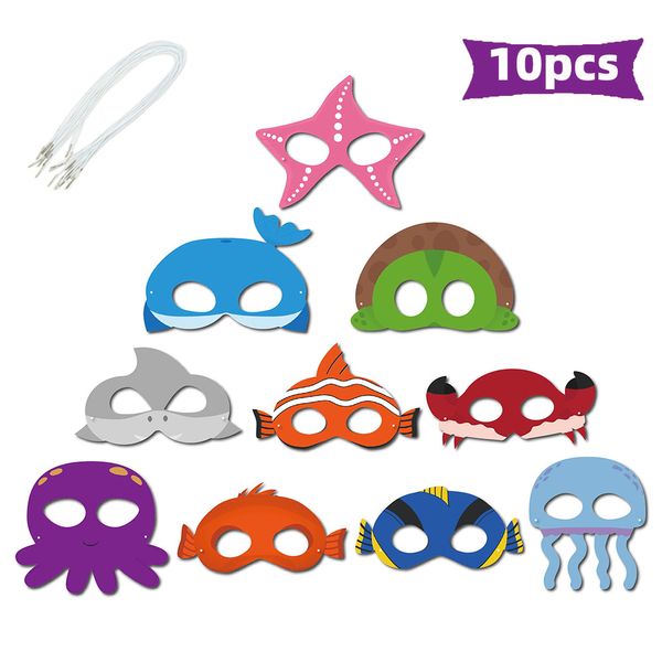 10 Pcs Máscaras de Festa Tema Oceano para Aniversário Infantil Tubarão Polvo Estrela do Mar Máscara de Caranguejo Máscaras de Animais Marinhos Jogando Adereços de Jogo