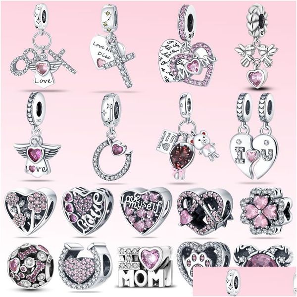 Lega Pandora Originale S925 Argento Argento Ali d'angelo Rosa Amore Cuore Perline Fascino Adatto Per Bracciale Gioielli Moda Fai Da Te Goccia Deli Dh5Rx