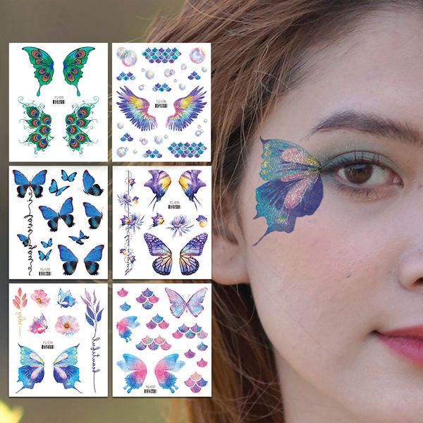 Adesivo de tatuagem de borboleta brilhante brilhante de fada Olhos à prova d'água Adesivos de rosto Arte corporal Tatuagens falsas Dança Festival de música Maquiagem
