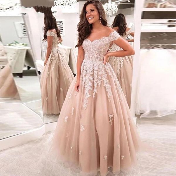 2021 A Line Champagne Renda Vestidos de Noiva Fora do Ombro Até o Chão Vestidos de Noiva Zip Back Plus Size Segundo Casamento Ao Ar Livre Ma201W