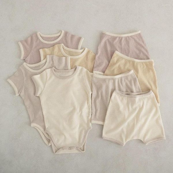 Giyim setleri çukur şerit bebek yaz seti pamuk kısa kollu erkek kız giysileri 2 parçalı romper şortu