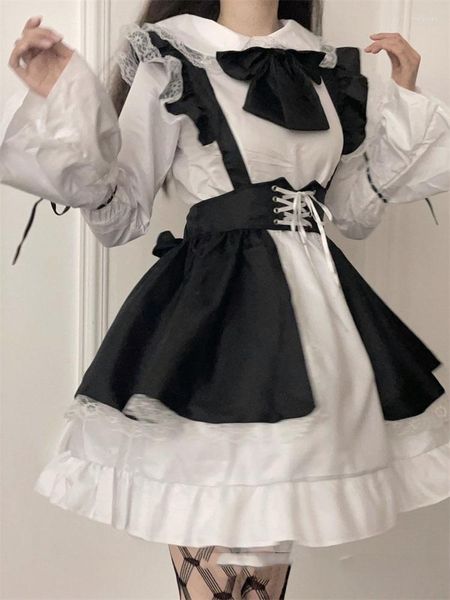 Sıradan Elbiseler Retro Kadın Hizmetçi Kıyafet Anime Uzun Elbise 2023 Siyah Beyaz Önlük Lolita Cafe Kostüm Cosplay