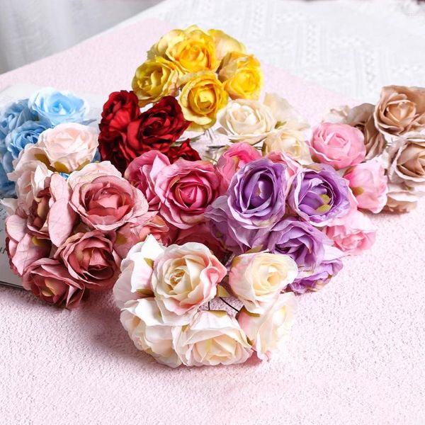 Fiori decorativi 9,2 cm 6 pezzi di fiori artificiali Mini bouquet di rose per la decorazione domestica di nozze Handmake Scrapbooking Ghirlande fai da te Craft Falso