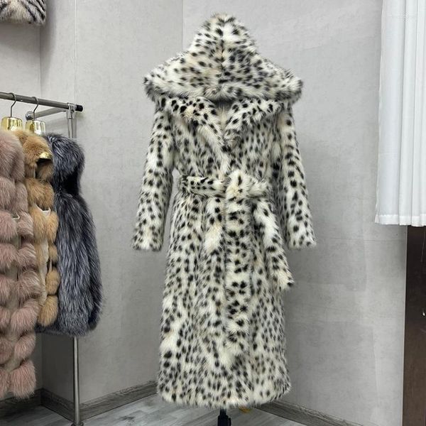 Pele feminina 2023 inverno longo luxo grosso quente lince estampa de leopardo casaco falso feminino com capuz moda europeia