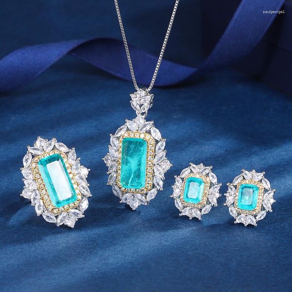 Collana Orecchini Set EYIKA Vintage Piazza Creato Rubino Gioielli Pavé CZ Matrimonio Fiore Paraiba Tormalina Anello Ciondolo Orecchino Per Le Donne