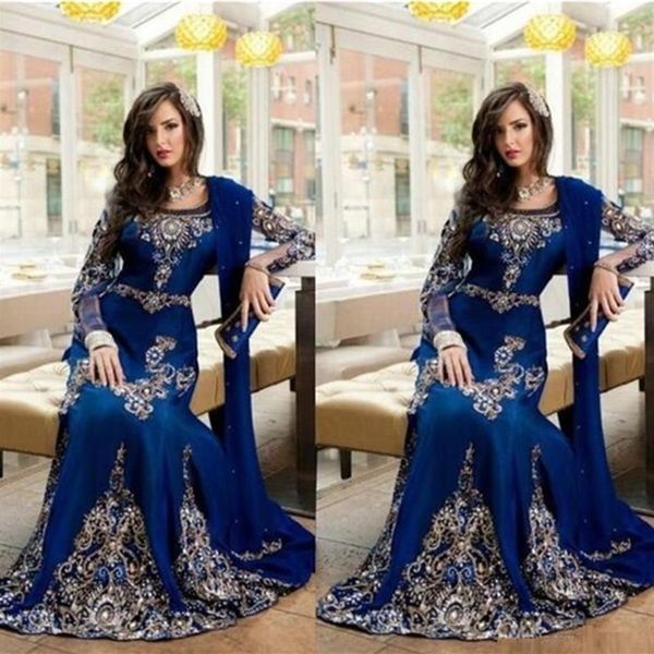 Luxuriöse arabische islamische Abendkleider, Juwelenhals, Stickerei, Kristallperlen, Königsblau, langes formelles Dubai-Abaya-Partykleid, Abschlussball, Gow272F